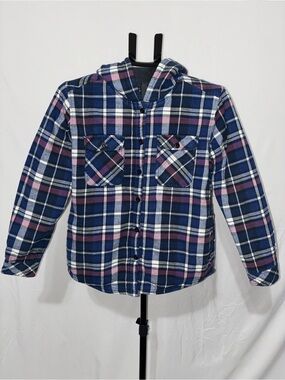 Boston Traders Women’s S Hooded Plaid Button-Down Shirt - Blue & Pink